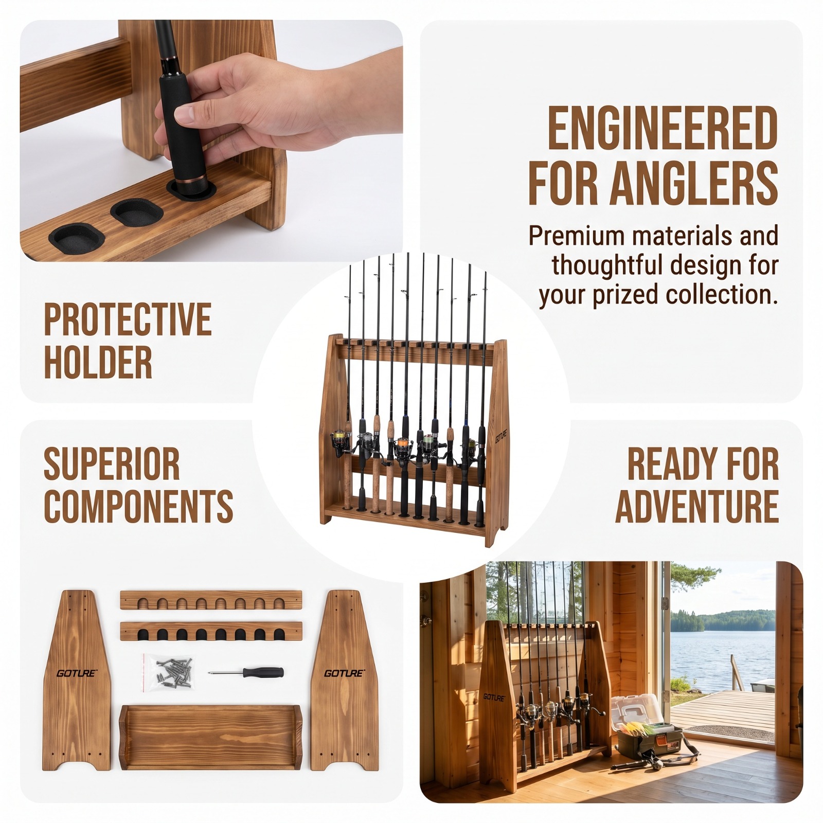 Fishing Rod Rack - Goture 10 Slots Carbonized Pine Fishing